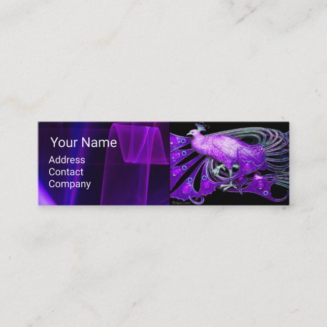 ELEGANT VIOLET PURPLE PEACOCK,BLACK BLUE MONOGRAM MINI BUSINESS CARD (Front)