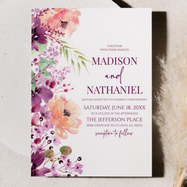 Elegant Violet Purple Pink Floral Flowers Wedding Invitation (Creator Uploaded)
