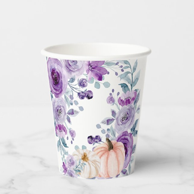 Elegant Violet Purple Pumpkin Floral Watercolor Paper Cups (Front)