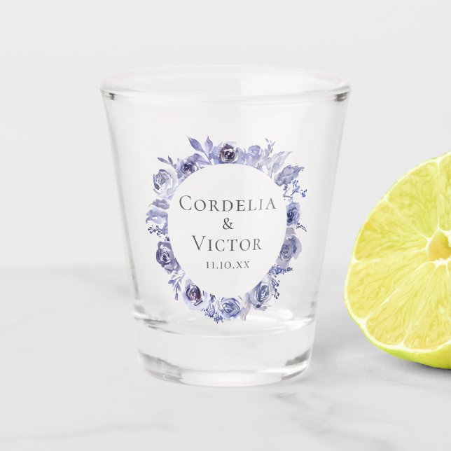 Elegant Violet Purple Roses Floral Winter Wedding Shot Glass (Front)
