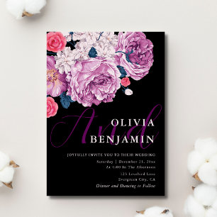 Elegant Violet Rose Calligraphy Black Wedding      Invitation