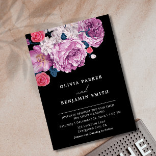 Elegant Violet Rose Purple Floral Black Wedding Invitation