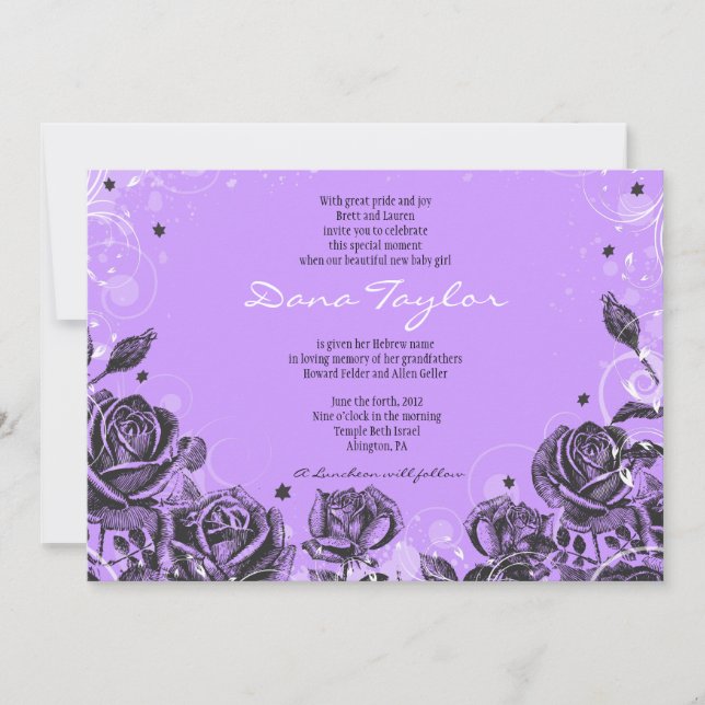 Elegant Violet Roses Baby Naming Invitation Hebrew (Front)