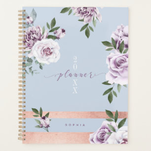 Elegant Violet Watercolor Florals Rose Gold Stripe Planner