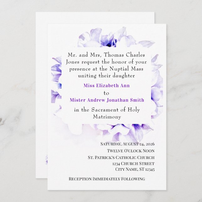 Elegant Violets Catholic Wedding Invitation (Front/Back)