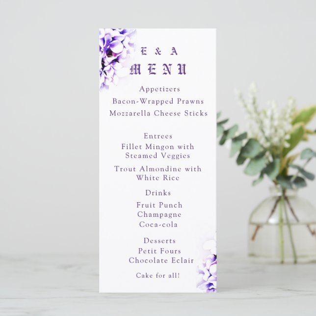Elegant Violets Catholic Wedding Menu Card (Standing Front)