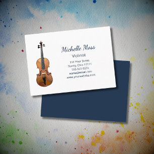Elegant Violin Musician Performer Navy Blue Script Business Card