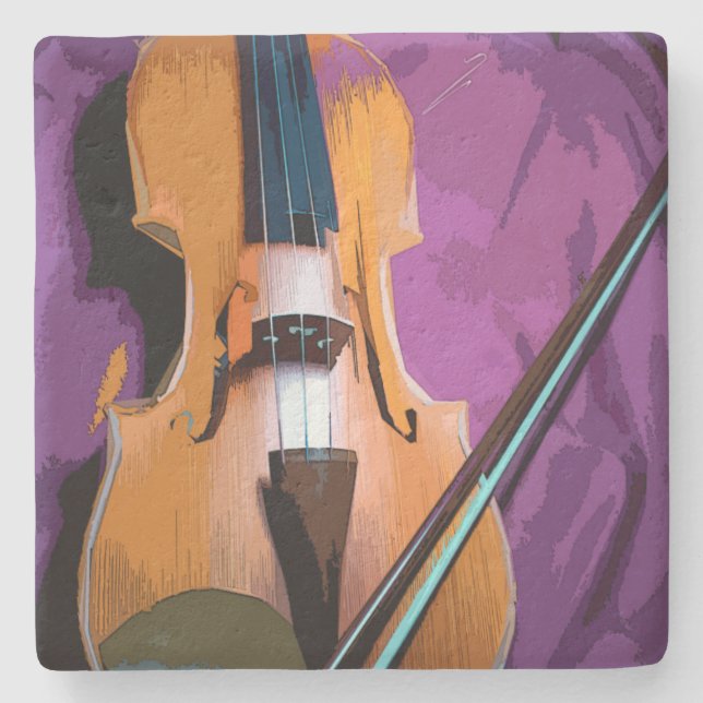 Elegant Violin on Purple Silk, Stone Coaster (Front)
