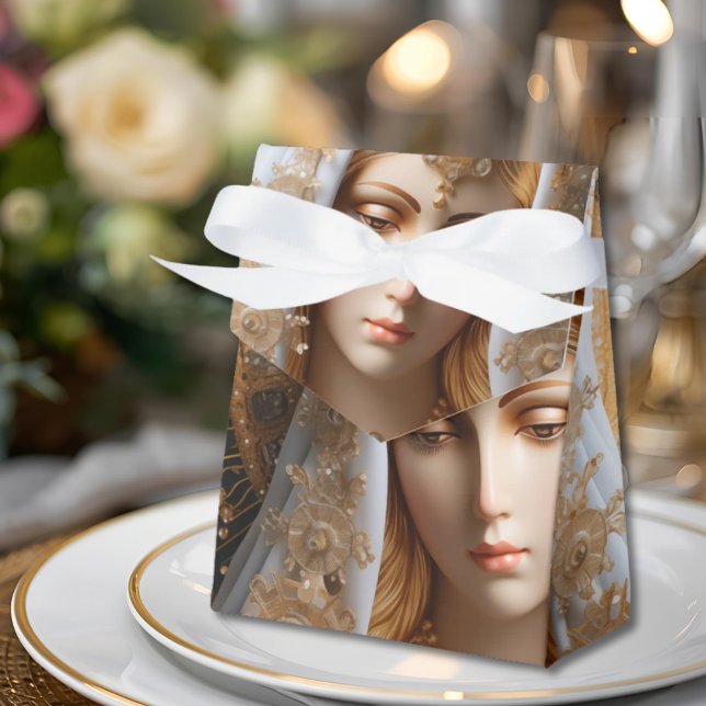 Elegant Virgin Mary Favor Box Rosary or Sweets (Elegant Avant Garde Mother Mary Gold and Pearls Effect Tent Favor Box for Religious Celebrations)