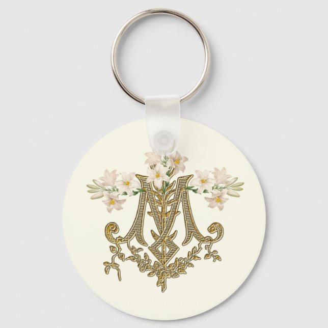 Elegant Virgin Mary Gold Marian Cross Lilies Card  Key Ring (Front)