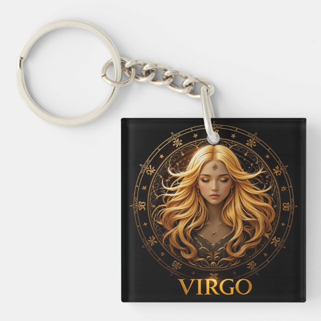 Elegant Virgo Zodiac Illustration Featuring Gold Key Ring (Front)