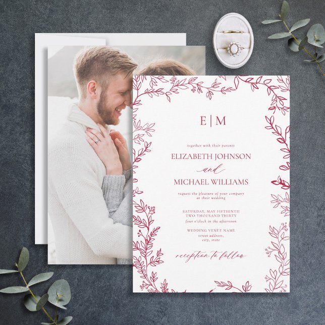 Elegant Vivid Magenta Leaf Photo Monogram Wedding Invitation (Creator Uploaded)