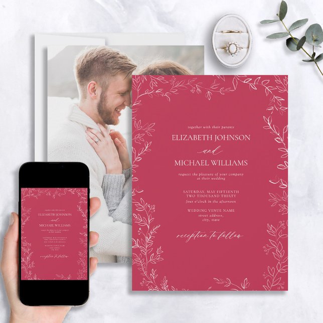 Elegant Vivid Magenta Minimal Leaf Photo Wedding Invitation (Creator Uploaded)