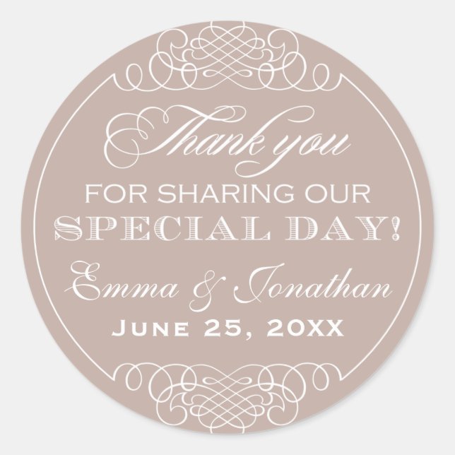 Elegant Warm Beige Wedding Thank You Monogram Classic Round Sticker (Front)