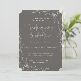 Elegant Warm Grey Modern Leaf Motif Thanksgiving Invitation