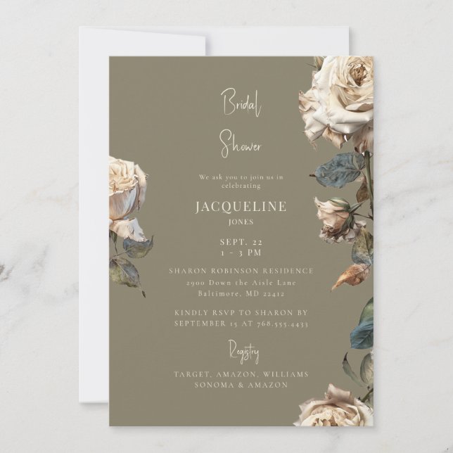 Elegant Warm Tones White Dried Roses Bridal Shower Invitation (Front)