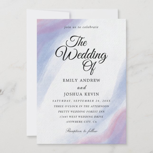 Elegant wash blue and purple wedding invitations (Front)