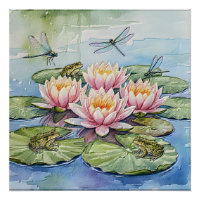 Elegant Water Lily Pond with Frogs & Dragonflies