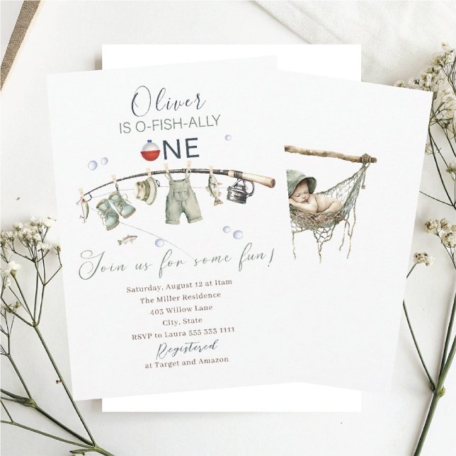 Elegant Watercolor A  little fisherman one birthda Invitation (Creator Uploaded)