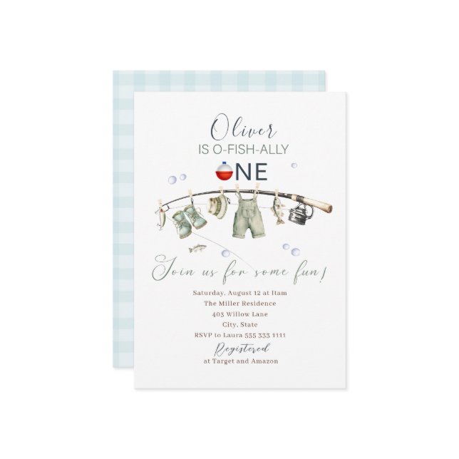 Elegant Watercolor A  little fisherman one birthda Invitation (Front/Back In Situ)