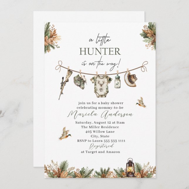 Elegant Watercolor A  little Hunter  Baby Shower Invitation (Front/Back)