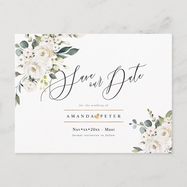 Elegant Watercolor Alabaster Roses Save the Date Postcard (Front)