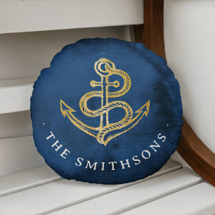 Elegant Watercolor Anchor Nautical Name Navy Blue Round Cushion