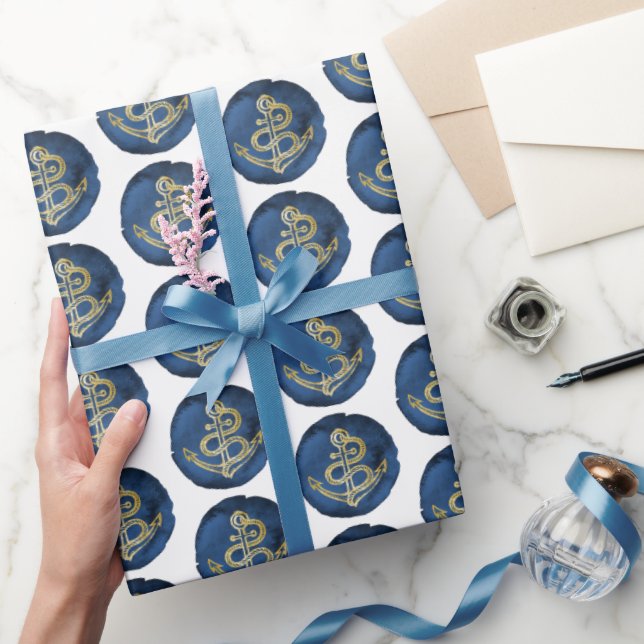    Elegant Watercolor Anchor Navy Coastal Nautical Wrapping Paper (Gifting)