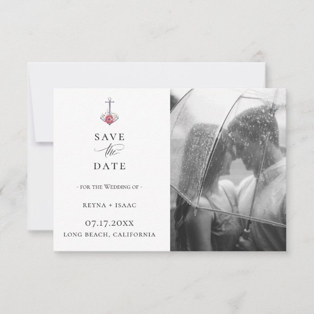 Elegant Watercolor Anchor Photo Save The Date Announcement (Front)