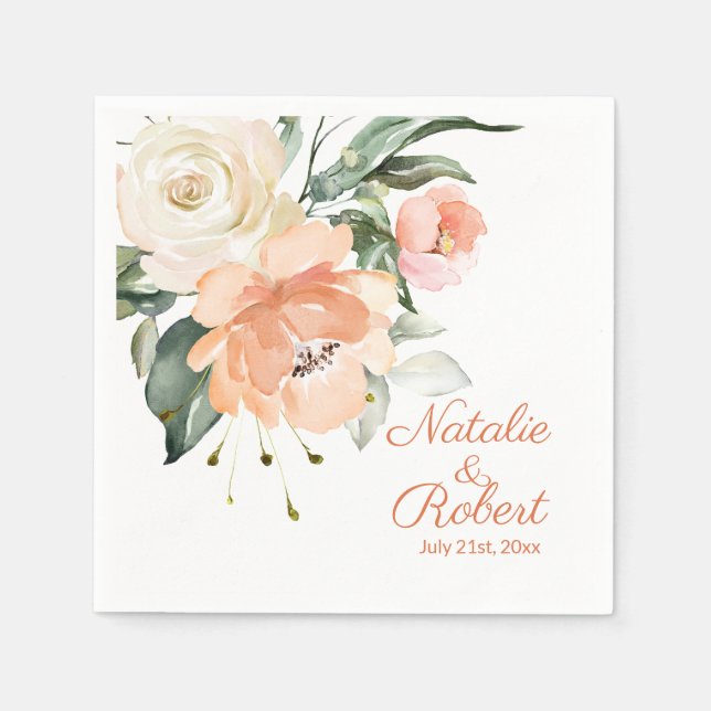 Elegant watercolor apricot cream roses Wedding Napkin (Front)