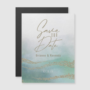 Elegant Watercolor Aqua Ocean & Gold Save the Date Magnetic Invitation