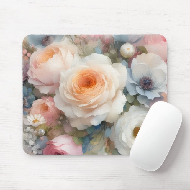 Elegant Watercolor Aquarell Art Flowers Roses Mouse Pad (With Mouse)