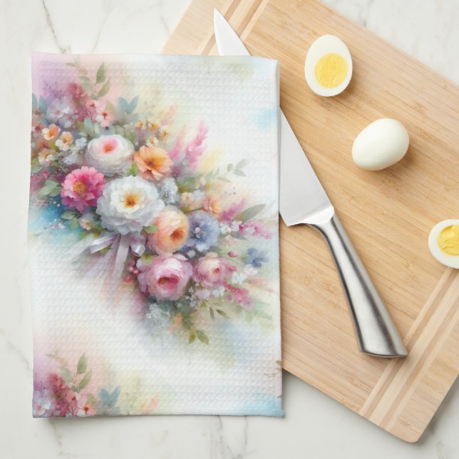 Elegant Watercolor Aquarell Flowers Pastel Colors Tea Towel (Quarter Fold)