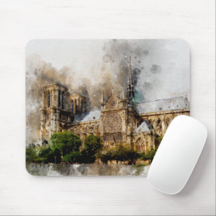Elegant Watercolor Art of Notre Dame Cathedral Mouse Pad