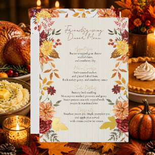 Elegant Watercolor Autumn Floral Dinner Menu