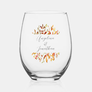 Elegant Watercolor Autumn Leaves Custom Wedding Stemless Wine Glass