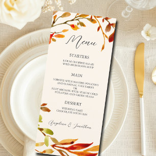Elegant Watercolor Autumn Leaves Wedding Dinner Menu