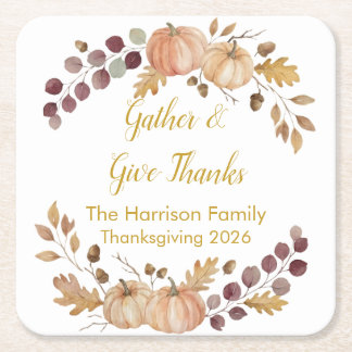 Elegant Watercolor Autumn Pumpkin Thanksgiving Cus Square Paper Coaster