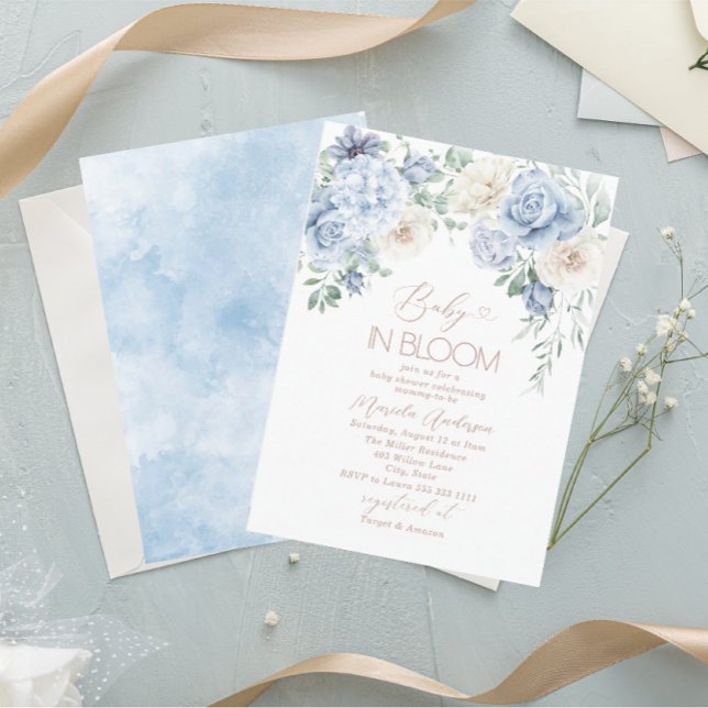 Elegant Watercolor Baby in Blooom Blue flowers   B Invitation (Creator Uploaded)