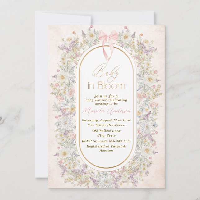 Elegant Watercolor Baby in Blooom Pink flowers   B Invitation (Front)