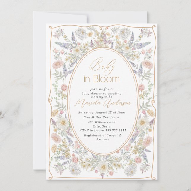 Elegant Watercolor Baby in Blooom Pink flowers   B Invitation (Front)