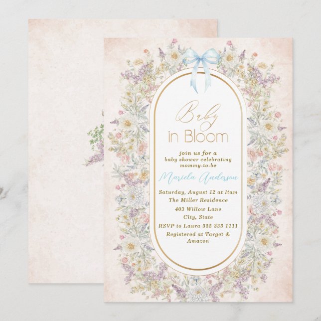 Elegant Watercolor Baby in Blooom Pink flowers   B Invitation (Front/Back)