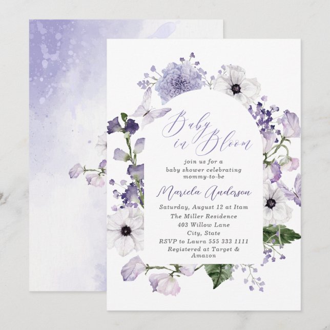Elegant Watercolor Baby in Blooom Purple flowers   Invitation (Front/Back)