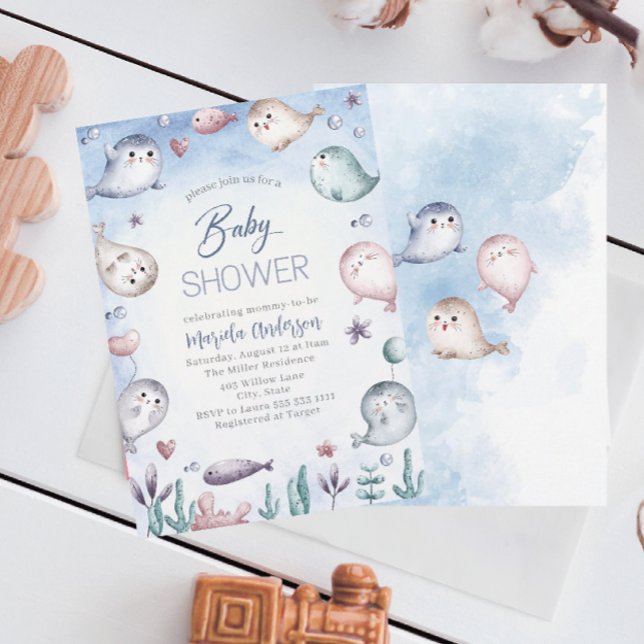 Elegant Watercolor Baby Seal Baby Shower Invitation (Creator Uploaded)