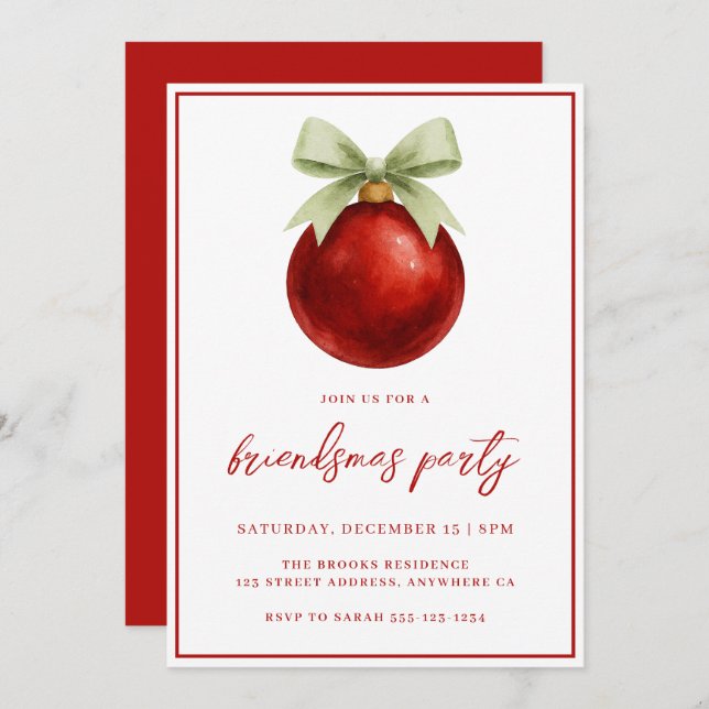 Elegant Watercolor Bauble & Bow Friendsmas Party Invitation (Front/Back)