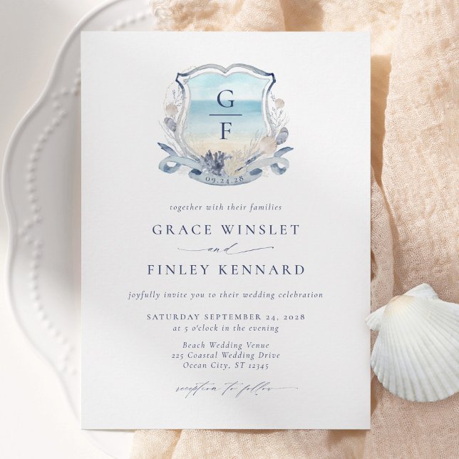 Elegant Watercolor Beach Monogram Wedding Crest Invitation (Creator Uploaded)