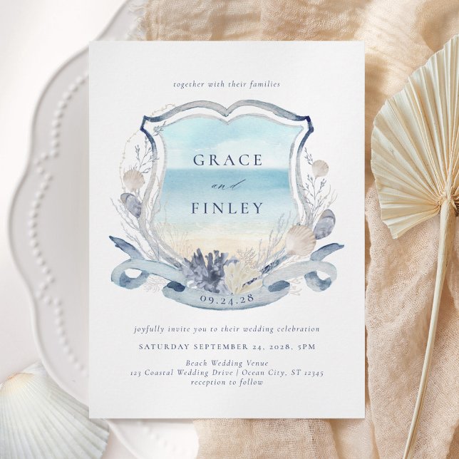Elegant Watercolor Beach Wedding Crest Invitation (Creator Uploaded)