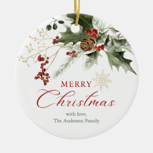Elegant Watercolor Berries Christmas Photo Ceramic Tree Decoration