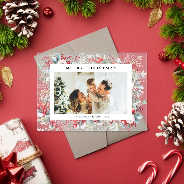 Elegant Watercolor Berries Merry Christmas Card Acrylic Invitations (Insitu (Holiday))