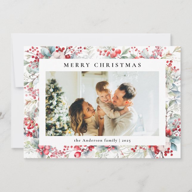 Elegant Watercolor Berries Merry Christmas Photo Holiday Card (Front)